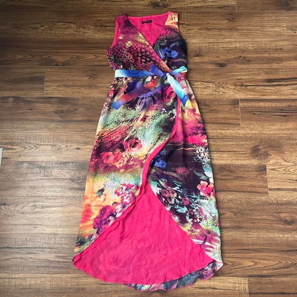 Mario‎ Serrani Italy High Low Wrap Dress Women 6 Abstract Floral Vacation Summer